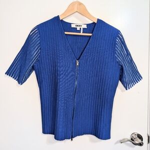 DKNY Blue Ribbed Zip Front Knit Top Sheer Sleeves | Medium